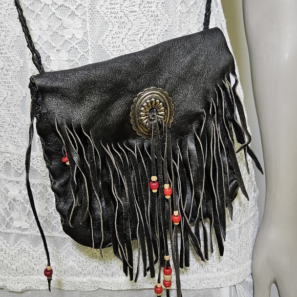 Vintage Soft Leather Fringe Crossbody Purse  w/ Beads - Picture 5 of 12